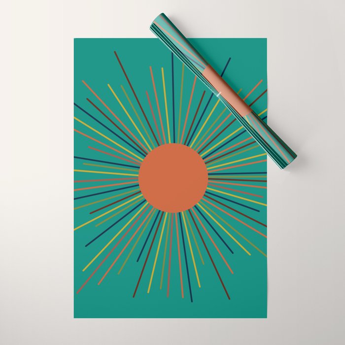 Mid-Century Modern Sunburst - Minimalist Abstract Sun in Mid Mod Orange, Olive, Mustard, and Teal Turquoise Wrapping Paper Gallery Image 1