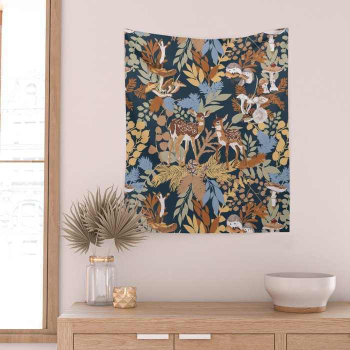Colorful Dark Forest Animals B Wall Tapestry Gallery Image 2