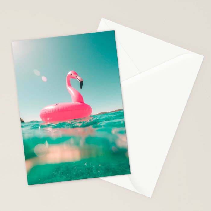 Tropical Summer Ocean, Pink Flamingo Pool Float Stationery Card Gallery Image 2
