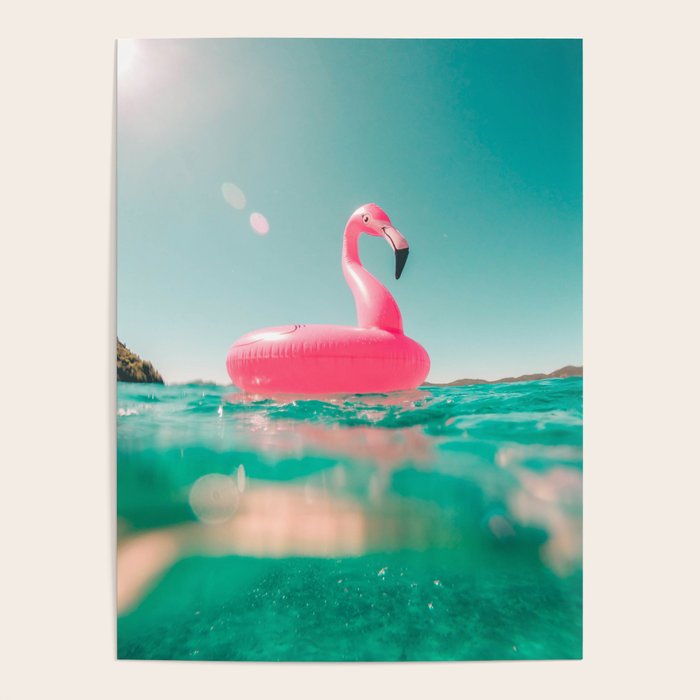 Tropical Summer Ocean, Pink Flamingo Pool Float Poster Gallery Image 1