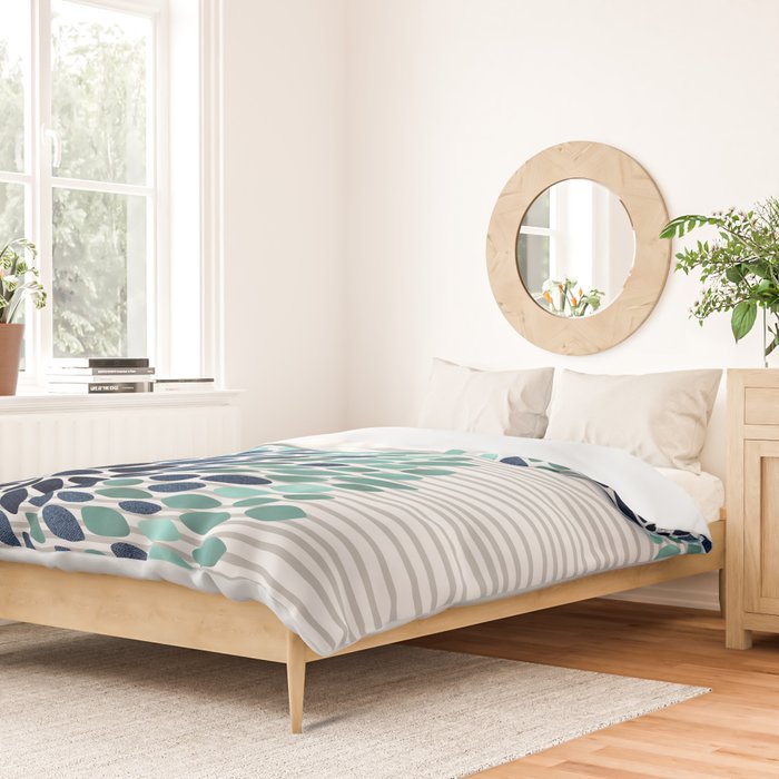 Blooms and Stripes, Aqua and Navy Duvet Cover Gallery Image 2
