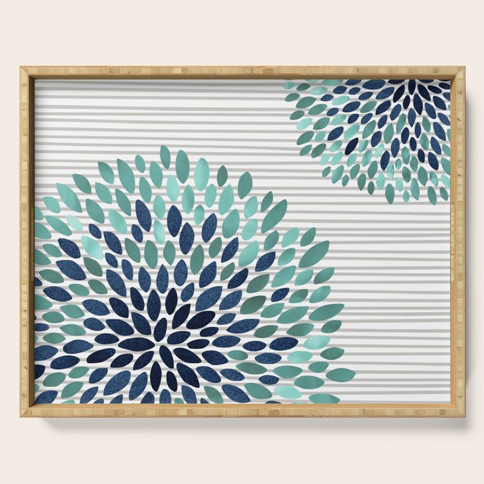 Blooms and Stripes, Aqua and Navy Serving Tray Gallery Image 1