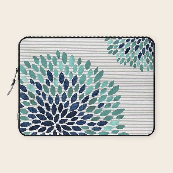 Blooms and Stripes, Aqua and Navy Laptop Sleeve Gallery Image 1
