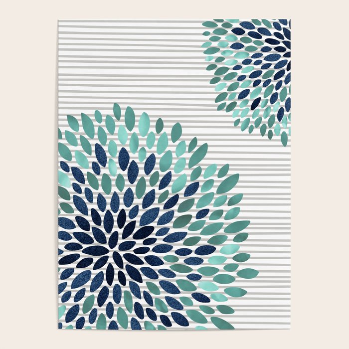 Blooms and Stripes, Aqua and Navy Poster Gallery Image 4