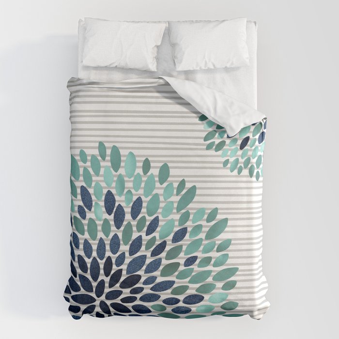 Blooms and Stripes, Aqua and Navy Duvet Cover Gallery Image 1
