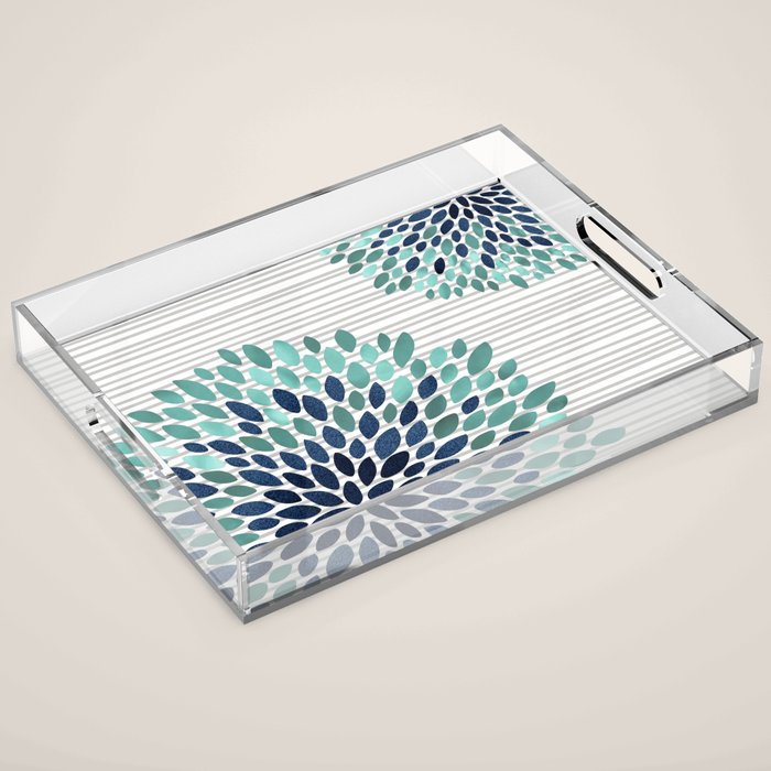 Blooms and Stripes, Aqua and Navy Acrylic Tray Gallery Image 1