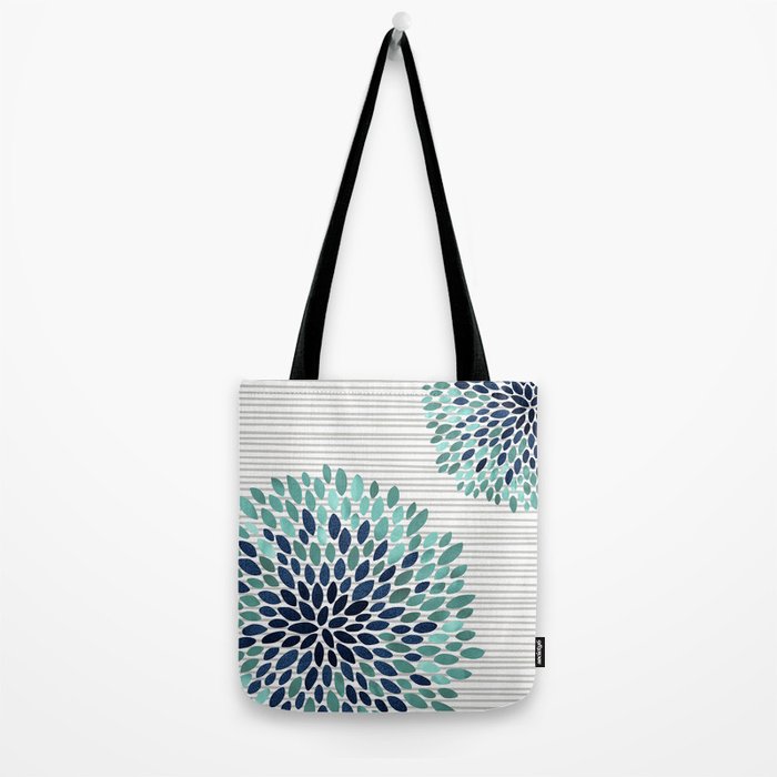 Blooms and Stripes, Aqua and Navy Tote Bag Gallery Image 2