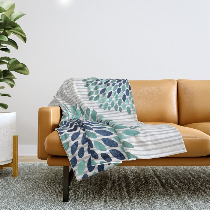 Blooms and Stripes, Aqua and Navy Throw Blanket Gallery Image 1