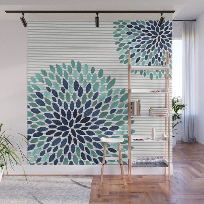 Blooms and Stripes, Aqua and Navy Wall Mural Gallery Image 1