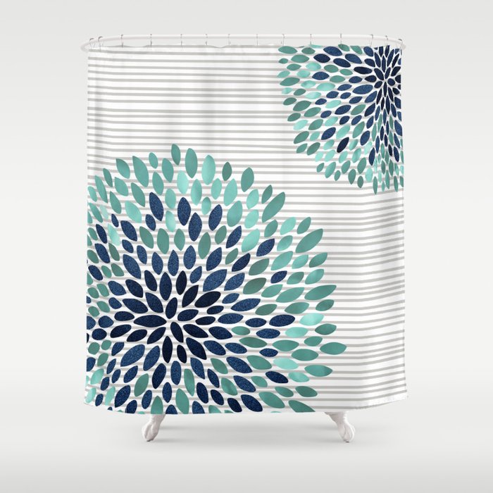 Blooms and Stripes, Aqua and Navy Shower Curtain Gallery Image 1