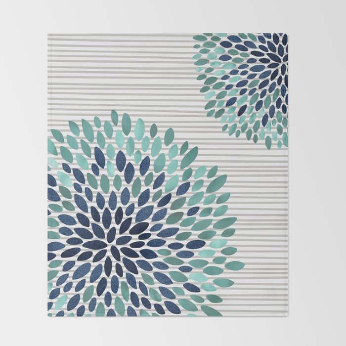 Blooms and Stripes, Aqua and Navy Throw Blanket Gallery Image 2