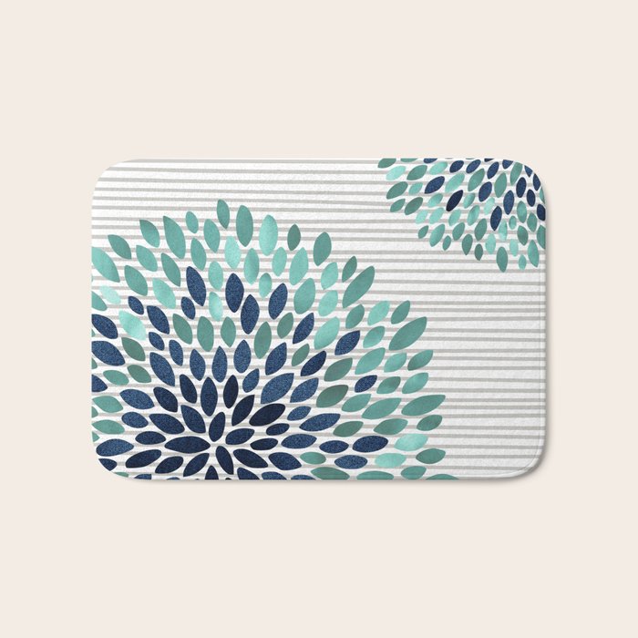 Blooms and Stripes, Aqua and Navy Bath Mat Gallery Image 1