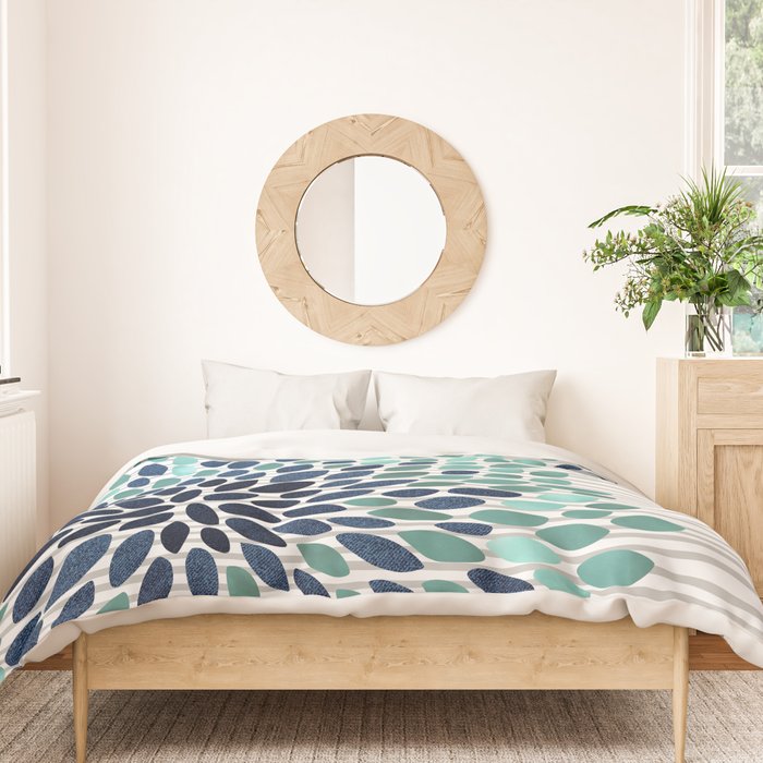 Blooms and Stripes, Aqua and Navy Duvet Cover Gallery Image 3