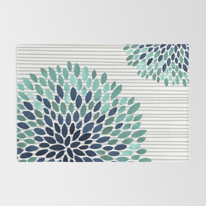 Blooms and Stripes, Aqua and Navy Rug Gallery Image 2