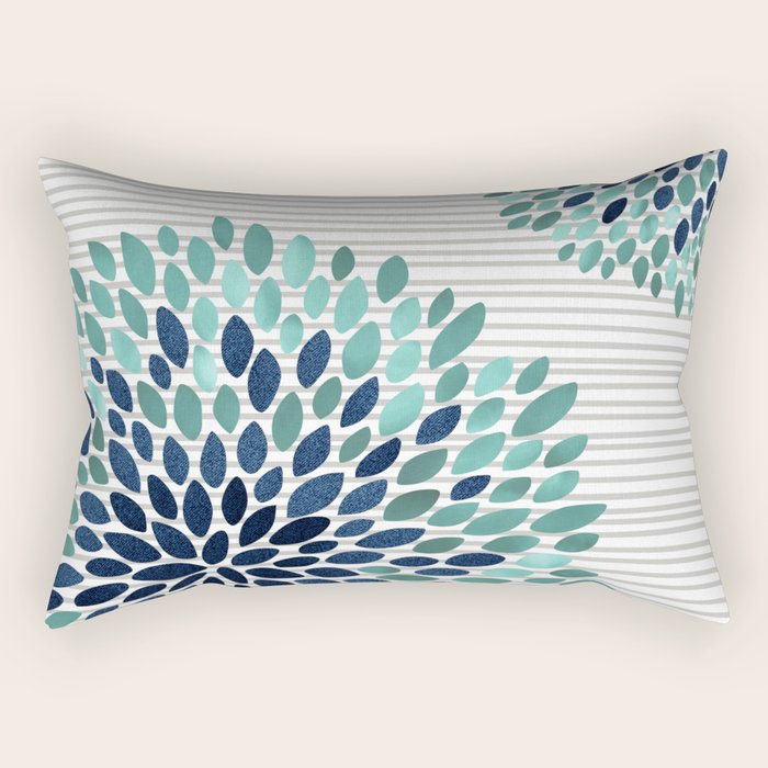 Blooms and Stripes, Aqua and Navy Rectangular Pillow Gallery Image 2