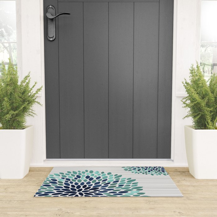 Blooms and Stripes, Aqua and Navy Welcome Mat Gallery Image 3