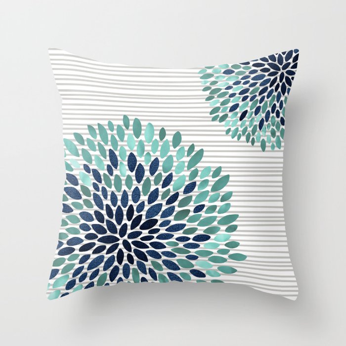 Blooms and Stripes, Aqua and Navy Throw Pillow Gallery Image 6