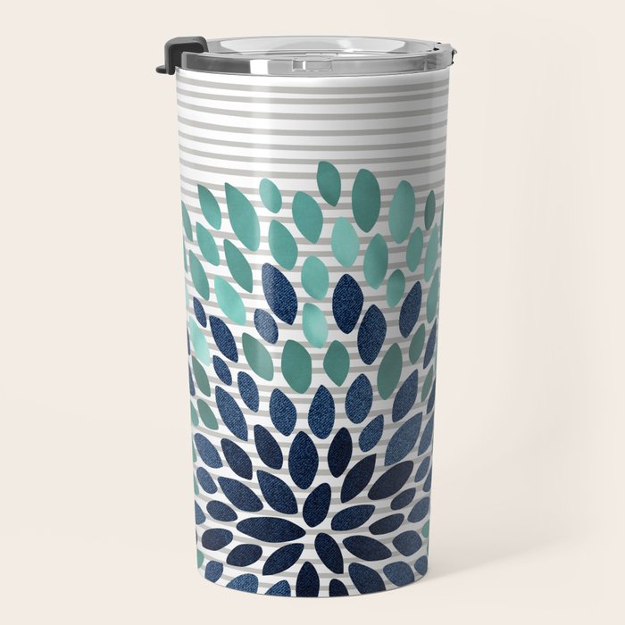 Blooms and Stripes, Aqua and Navy Travel Mug Gallery Image 3