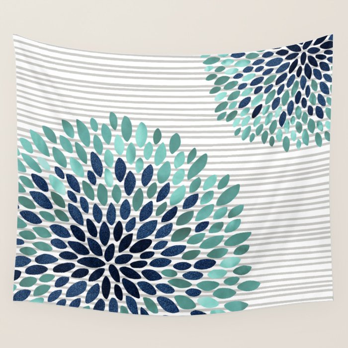 Blooms and Stripes, Aqua and Navy Wall Tapestry Gallery Image 4