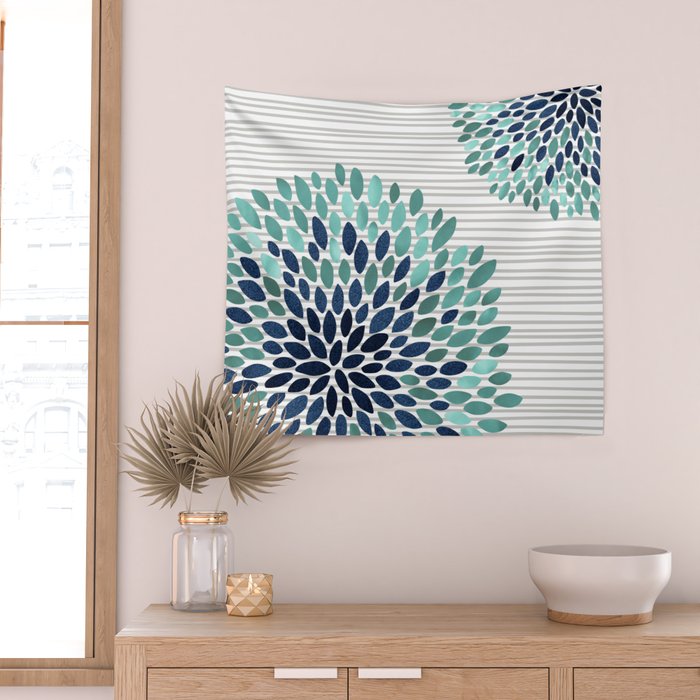 Blooms and Stripes, Aqua and Navy Wall Tapestry Gallery Image 2