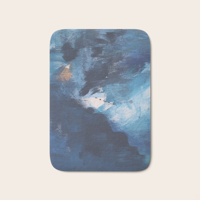 Ships in the Night: a vibrant abstract mixed-media piece in blues and golds by Alyssa Hamilton Art Bath Mat Gallery Image 1