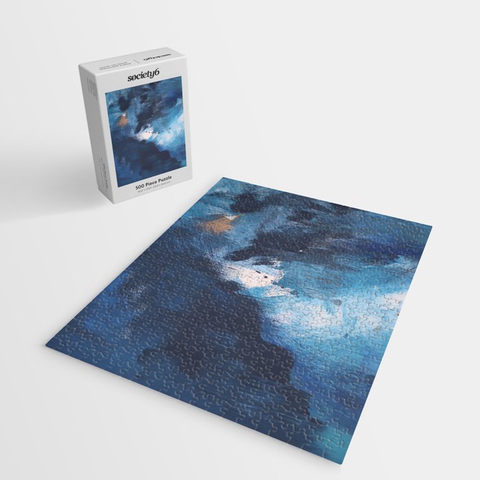 Ships in the Night: a vibrant abstract mixed-media piece in blues and golds by Alyssa Hamilton Art Jigsaw Puzzle Gallery Image 2