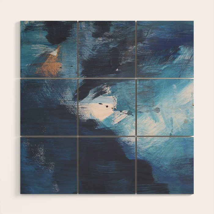 Ships in the Night: a vibrant abstract mixed-media piece in blues and golds by Alyssa Hamilton Art Wood Wall Art Gallery Image 1