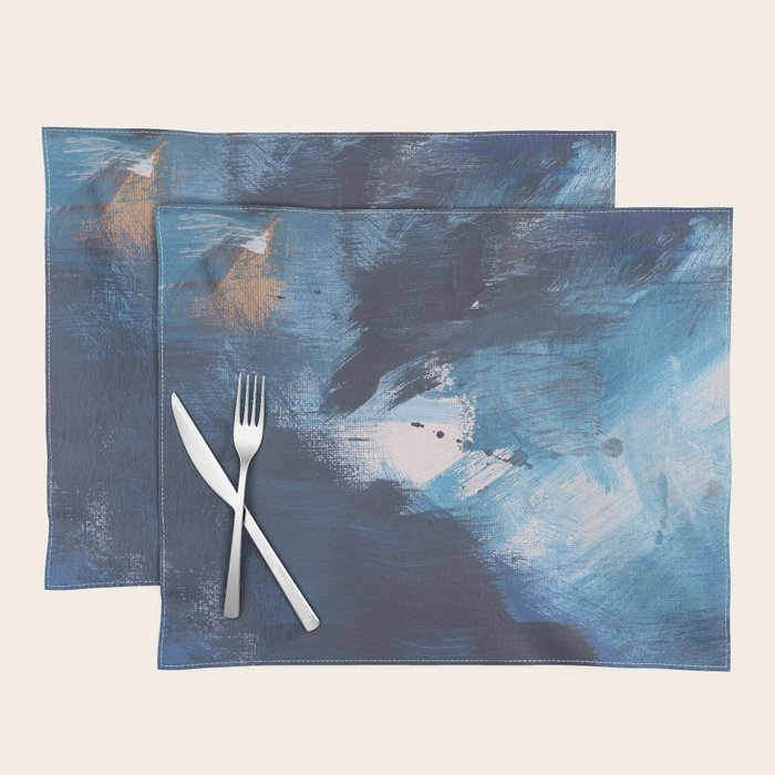 Ships in the Night: a vibrant abstract mixed-media piece in blues and golds by Alyssa Hamilton Art Placemat Gallery Image 1