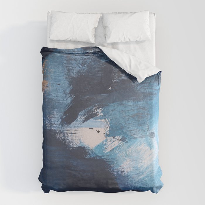 Ships in the Night: a vibrant abstract mixed-media piece in blues and golds by Alyssa Hamilton Art Duvet Cover Gallery Image 1