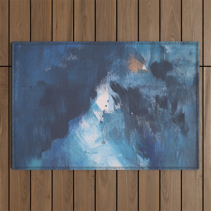 Ships in the Night: a vibrant abstract mixed-media piece in blues and golds by Alyssa Hamilton Art Outdoor Rug Gallery Image 1
