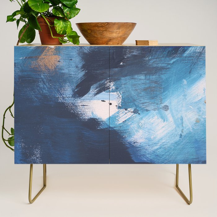 Ships in the Night: a vibrant abstract mixed-media piece in blues and golds by Alyssa Hamilton Art Credenza Gallery Image 1