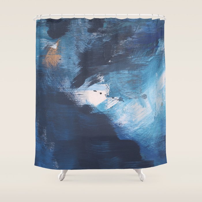 Ships in the Night: a vibrant abstract mixed-media piece in blues and golds by Alyssa Hamilton Art Shower Curtain Gallery Image 1