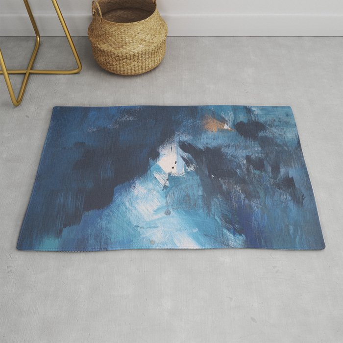 Ships in the Night: a vibrant abstract mixed-media piece in blues and golds by Alyssa Hamilton Art Rug Gallery Image 1