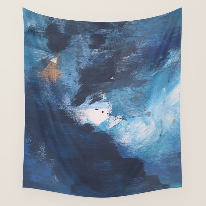 Ships in the Night: a vibrant abstract mixed-media piece in blues and golds by Alyssa Hamilton Art Wall Tapestry Gallery Image 1