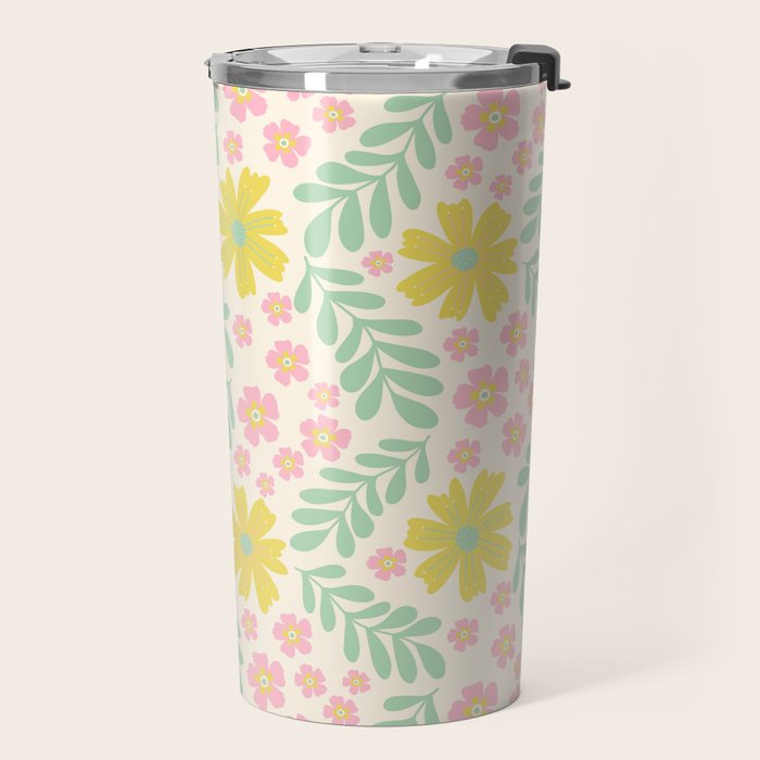 Whimsical Flora - White, Light green, Light Pink, Yellow  Travel Mug Gallery Image 2