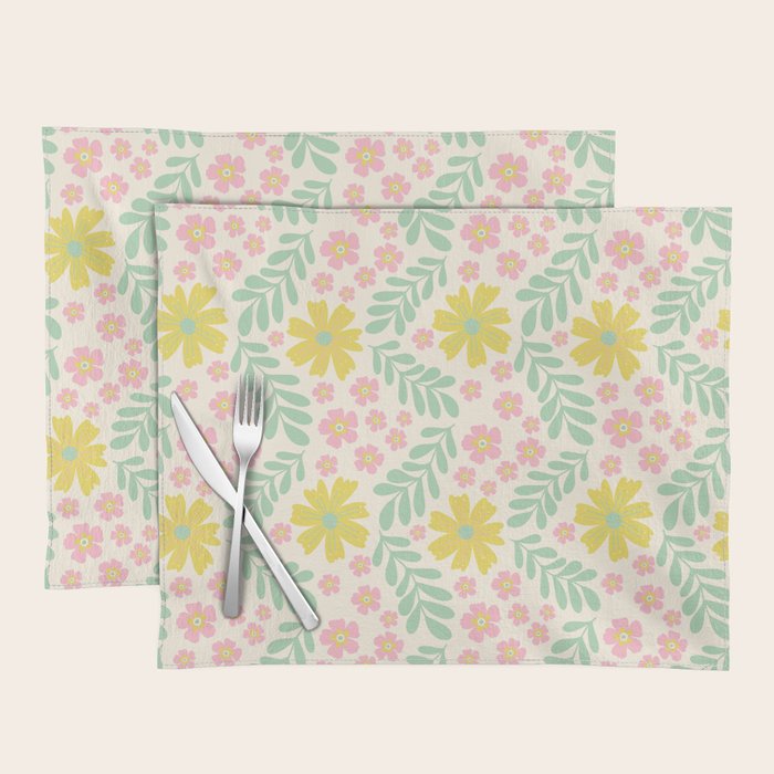 Whimsical Flora - White, Light green, Light Pink, Yellow  Placemat Gallery Image 1