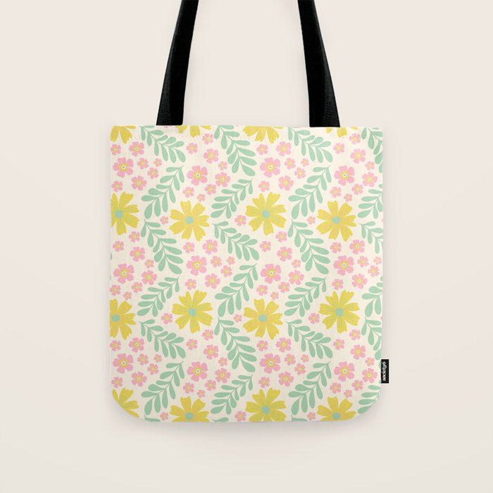 Whimsical Flora - White, Light green, Light Pink, Yellow  Tote Bag Gallery Image 1