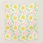 Whimsical Flora - White, Light green, Light Pink, Yellow  Wall Tapestry Gallery Image 4
