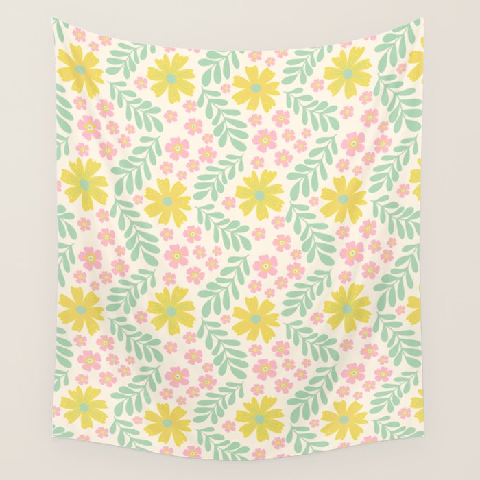Whimsical Flora - White, Light green, Light Pink, Yellow  Wall Tapestry Gallery Image 4