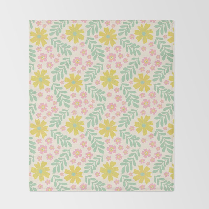 Whimsical Flora - White, Light green, Light Pink, Yellow  Throw Blanket Gallery Image 2
