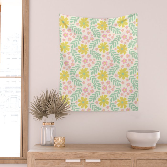 Whimsical Flora - White, Light green, Light Pink, Yellow  Wall Tapestry Gallery Image 2