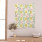 Whimsical Flora - White, Light green, Light Pink, Yellow  Wall Tapestry Gallery Image 2