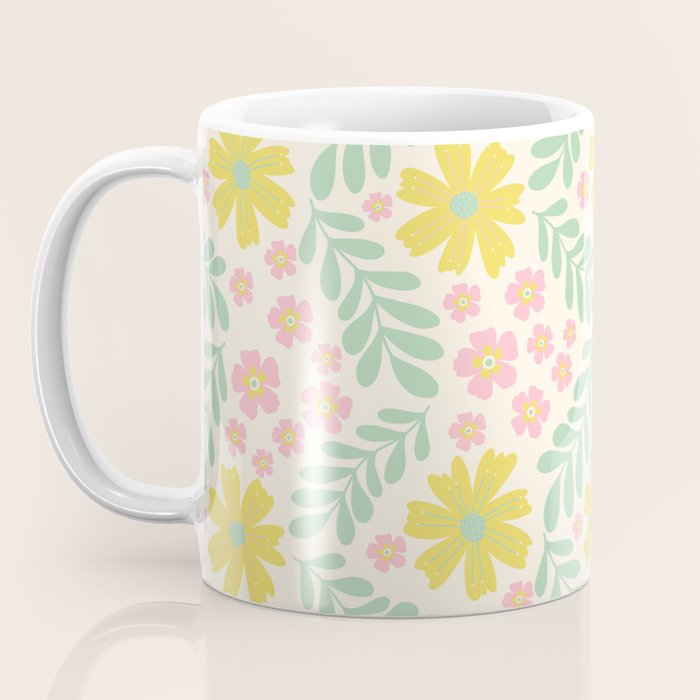 Whimsical Flora - White, Light green, Light Pink, Yellow  Coffee Mug Gallery Image 3