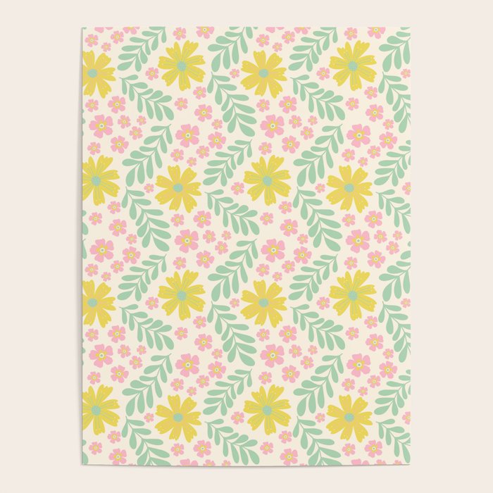 Whimsical Flora - White, Light green, Light Pink, Yellow  Poster Gallery Image 1