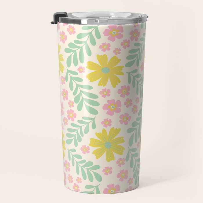 Whimsical Flora - White, Light green, Light Pink, Yellow  Travel Mug Gallery Image 3