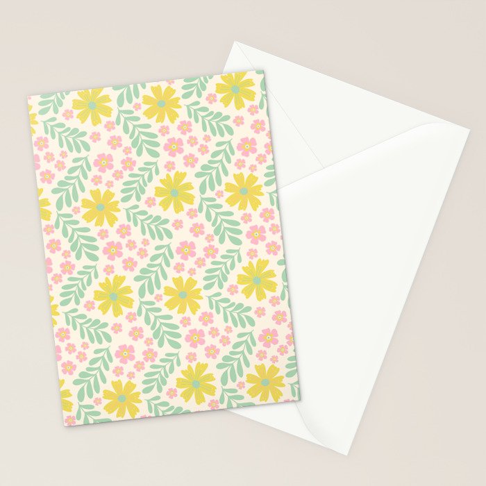Whimsical Flora - White, Light green, Light Pink, Yellow  Stationery Card Gallery Image 2