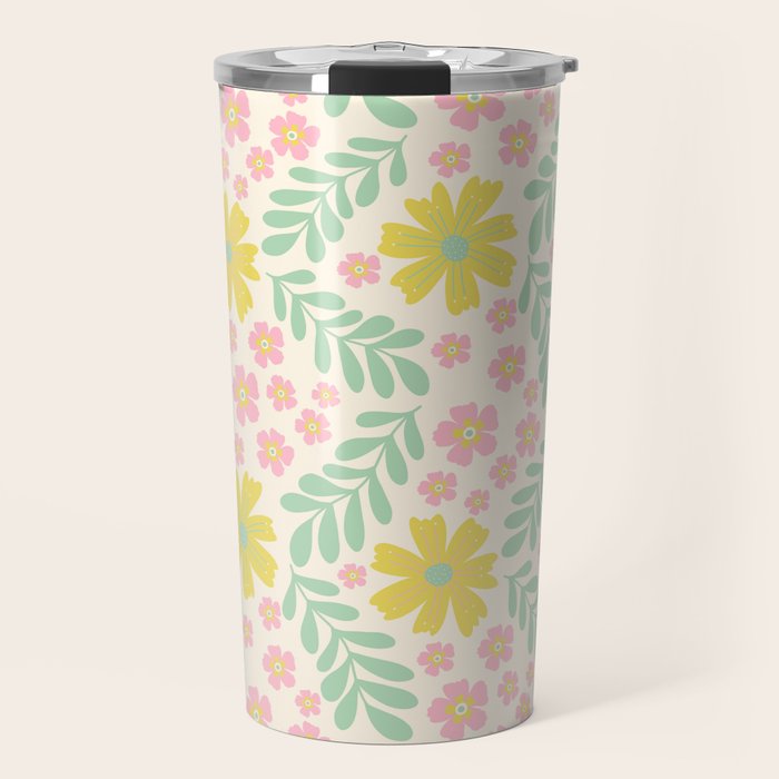 Whimsical Flora - White, Light green, Light Pink, Yellow  Travel Mug Gallery Image 1