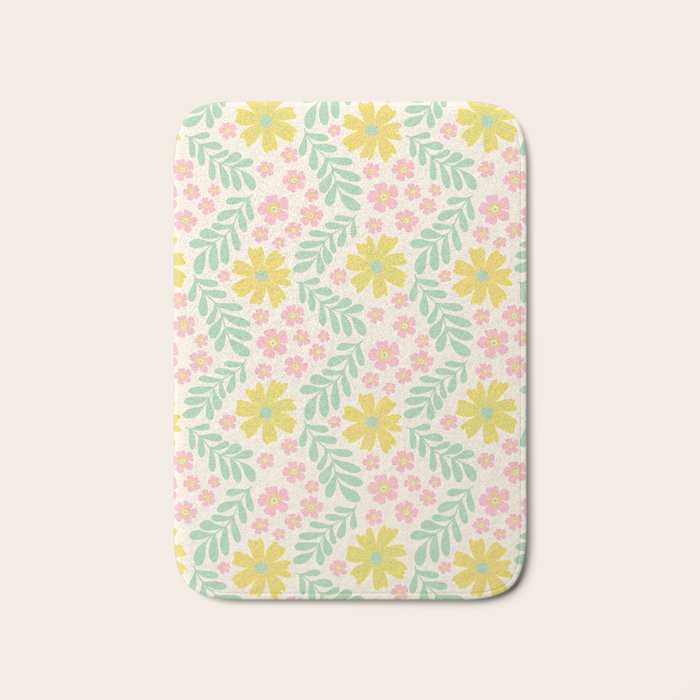 Whimsical Flora - White, Light green, Light Pink, Yellow  Bath Mat Gallery Image 1