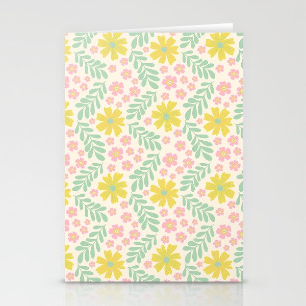Whimsical Flora - White, Light green, Light Pink, Yellow  Stationery Card Gallery Image 1