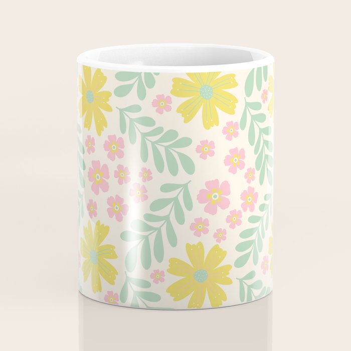Whimsical Flora - White, Light green, Light Pink, Yellow  Coffee Mug Gallery Image 4